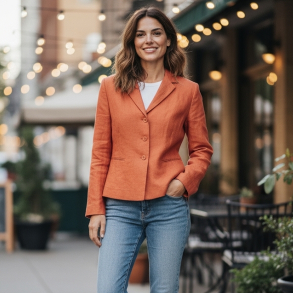 Ann Taylor Orange Blazer Linen Blend Tailored Fit Career Cropped Length Sz 8 - Picture 1 of 8